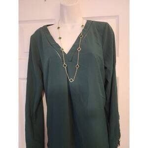 White House Black Market Women's Blouse Size 10 Hunter Green Long Sleeve Y2K
